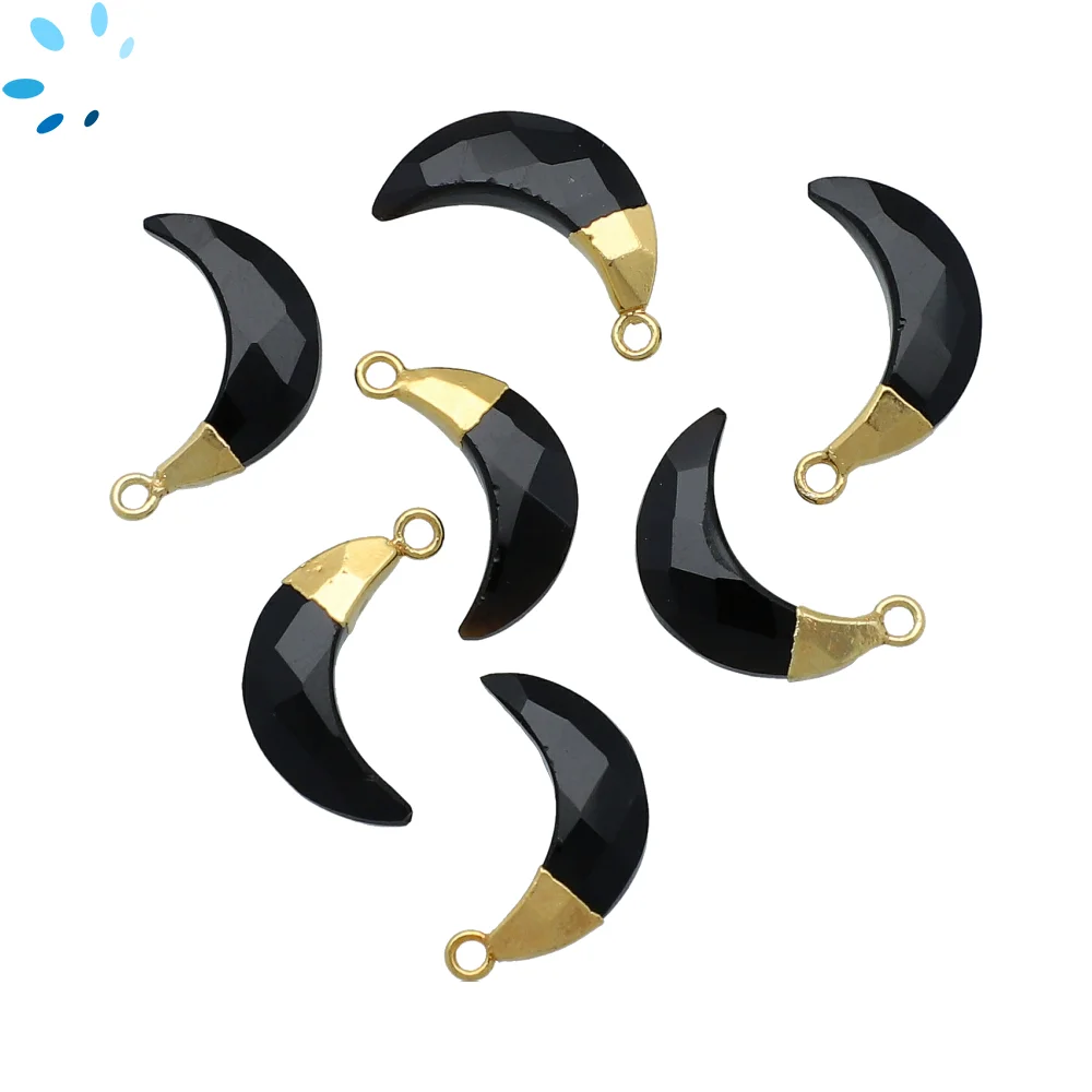 Black Onyx Moon Pendant Charm 13x5 - 15x6mm 18k Gold Electroplated - Set of 4
