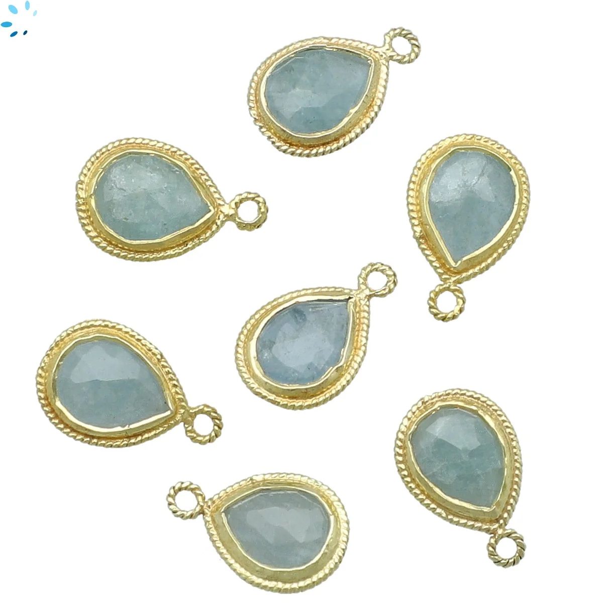 Aquamarine Pear Twisted Wire Bezel Pendant Charm 11x9mm - 18k Gold Plated Sterling Silver - Set of 4