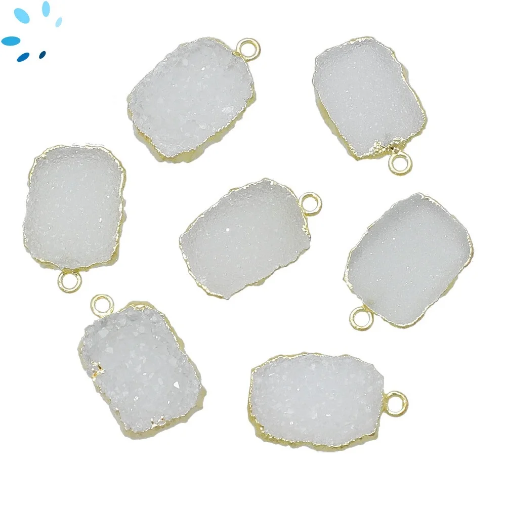 White Druzy Slice Pendant Charm 15x12mm 18k Gold Electroplated - Set of 4