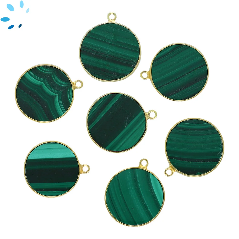 Malachite Coin Bezel Pendant Charm 19mm - 18k Gold Plated Sterling Silver - Set of 2