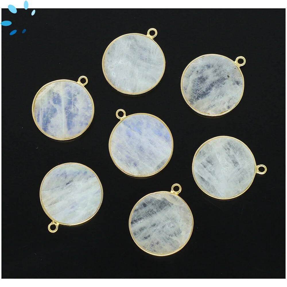 Rainbow Moonstone Coin Bezel Charm Pendant 19mm - 18k Gold Plated Sterling Silver - Set of 2