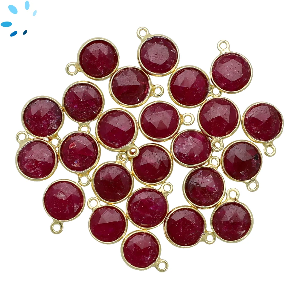 Ruby Dyed Corundum Coin Bezel Charm Pendant 9mm - 18k Gold Plated Sterling Silver - Set of 4