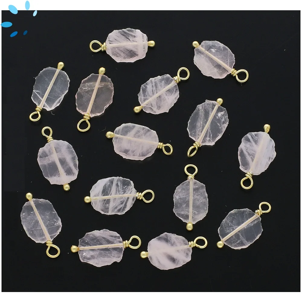 Rose Quartz Slice Bezel Pendant Charm 10X8 - 12X9mm - 18k Gold Plated Sterling Silver - Set of 4
