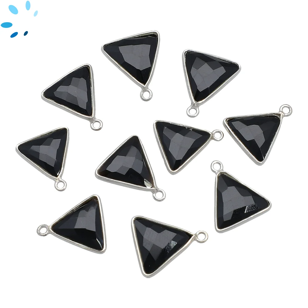 Black Onyx Triangle Bezel Pendant Charm 12mm - Platinum Plated Sterling Silver - Set of 4