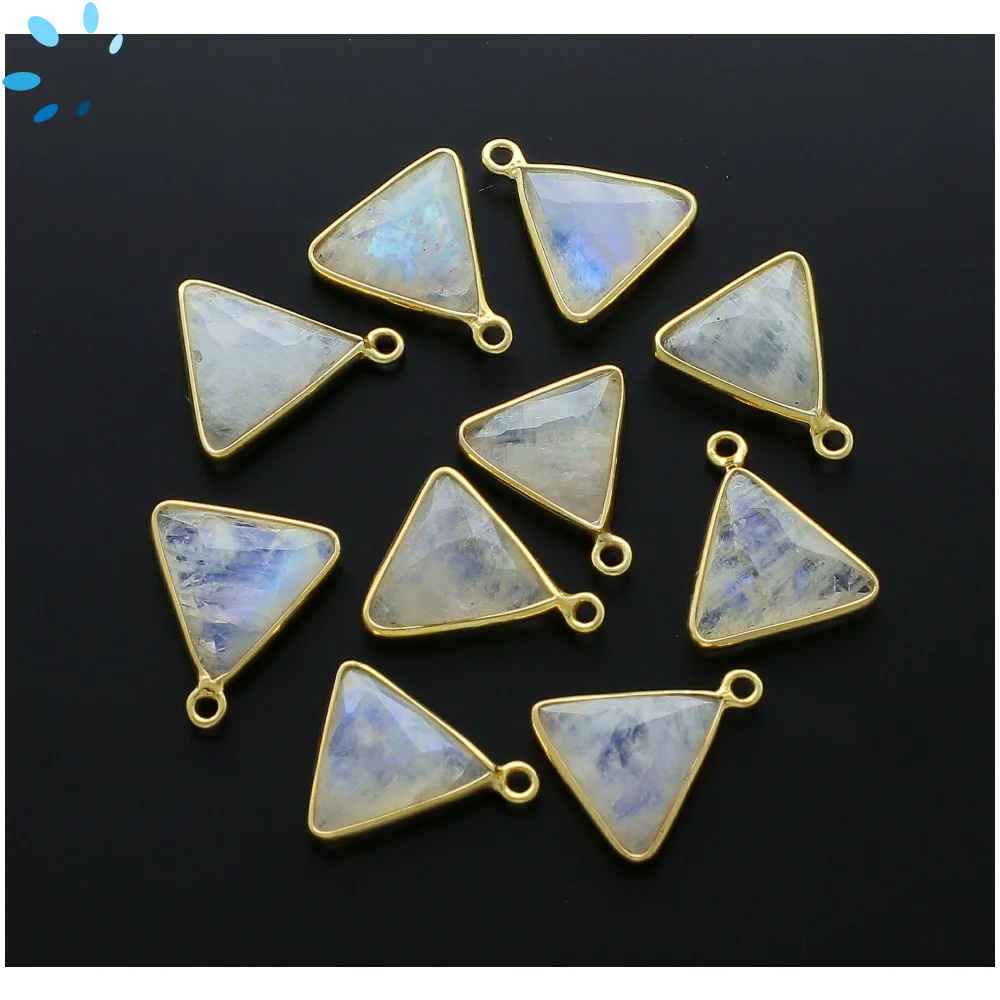 Rainbow Moonstone Triangle Bezel Charm Pendant 13mm - 18k Gold Plated Sterling Silver - Set of 4