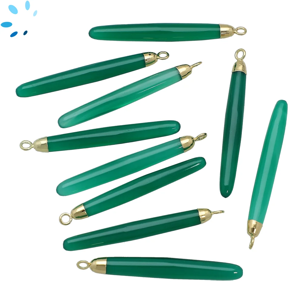 Green Onyx Long Drop Pendant Charm 39x6 - 41x6mm 18k Gold Electroplated - Set of 2