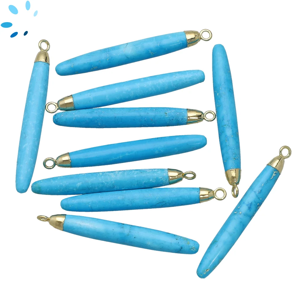 Turquoise Color Howlite Long Drop Pendant Charm 39x6 - 41x6mm 18k Gold Electroplated - Set of 2
