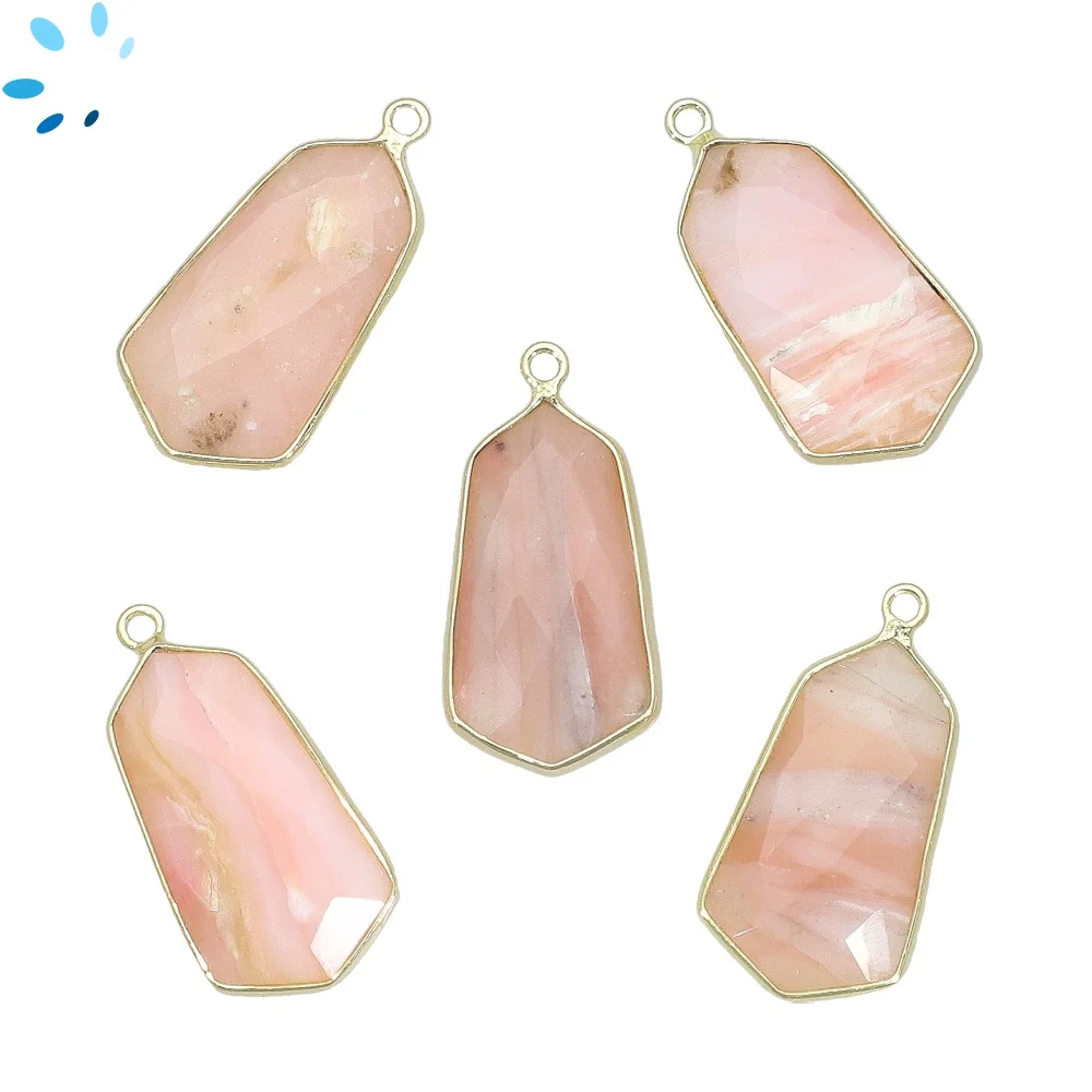 Pink Opal Shield Bezel Pendant Charm 23x13mm - 18k Gold Plated Sterling Silver - Set of 2