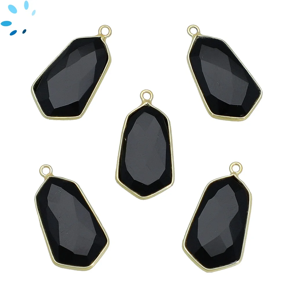 Black Onyx Shield Bezel Charm Pendant 23x13mm - 18k Gold Plated Sterling Silver - Set of 2
