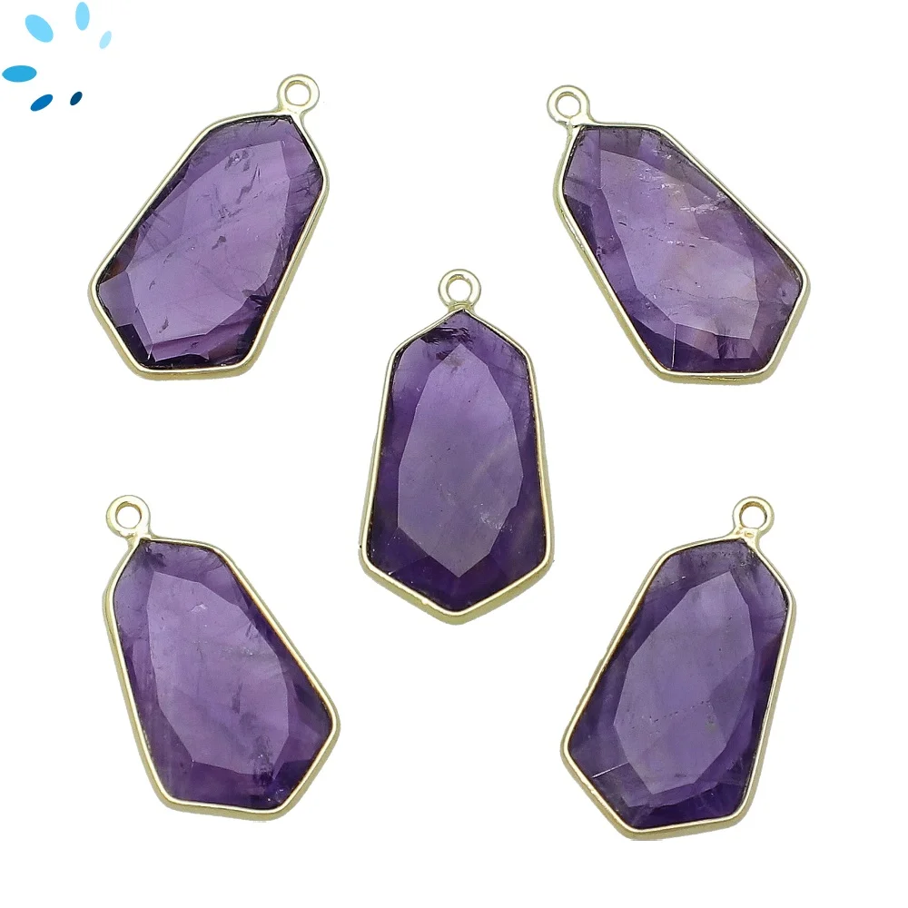 Amethyst Shield Bezel Charm Pendant 23x13 - 18k Gold Plated Sterling Silver - Set of 2