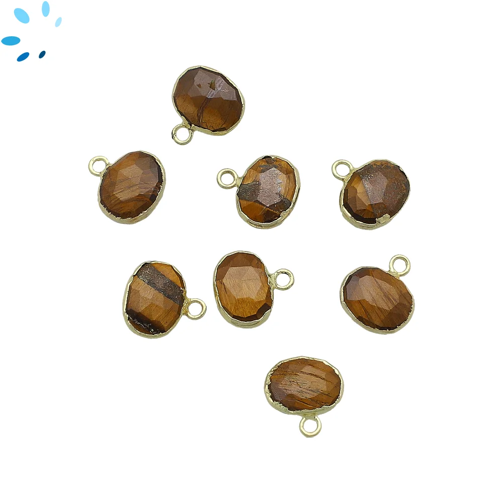 Tiger Eye Oval Pendant Charm 10x8mm 18k Gold Electroplated - Set of 4