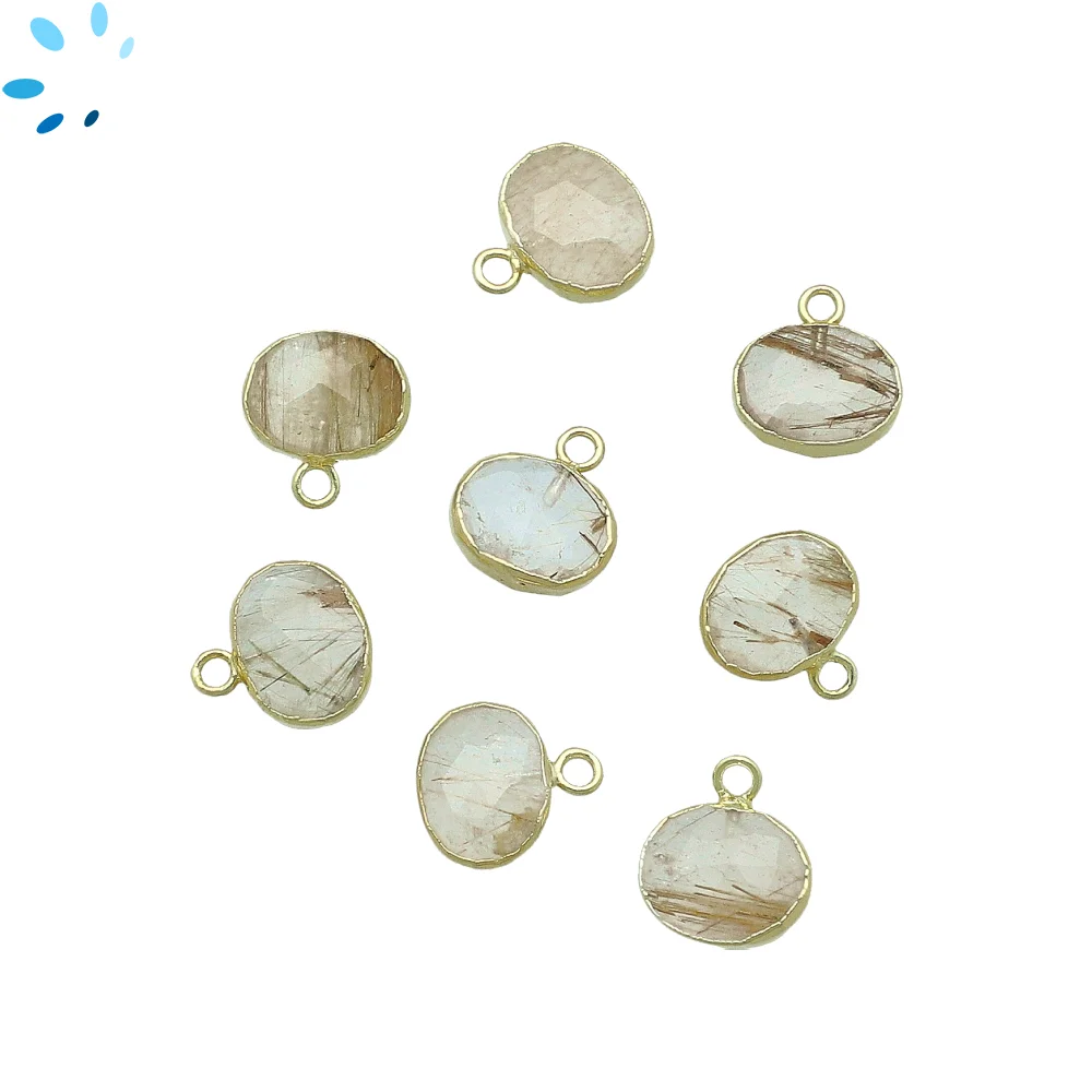 Rutilated Quartz Oval Charm Pendant 10x8mm 18k Gold Electroplated - Set of 4