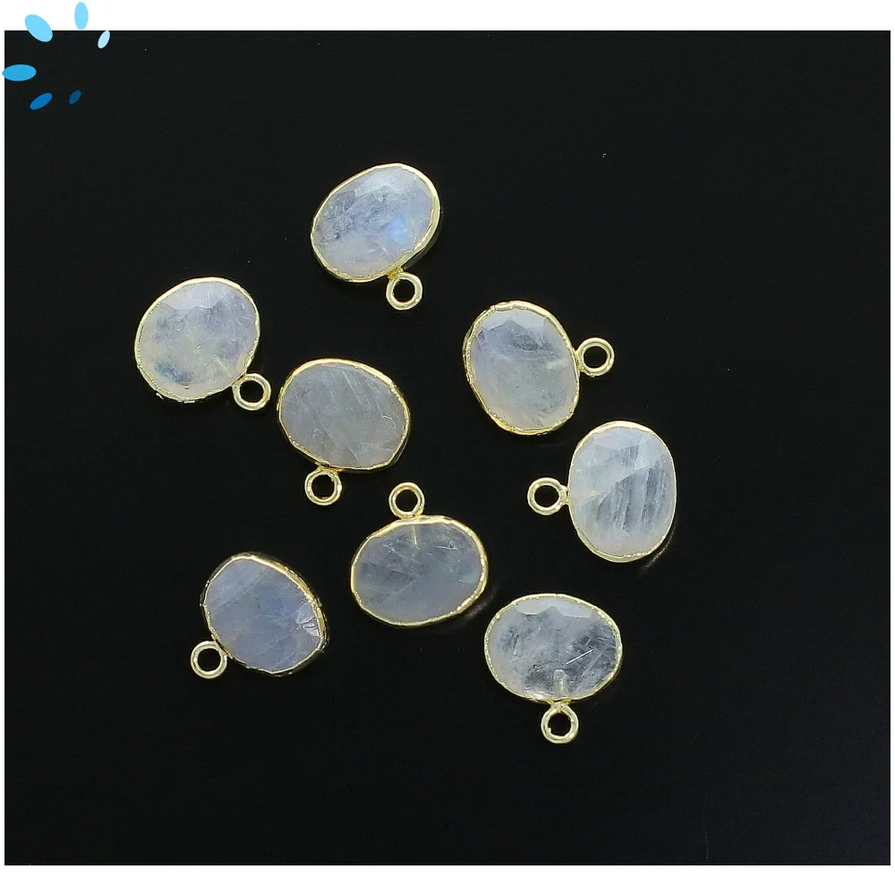 Rainbow Moonstone Oval Pendant Charm 10x8mm 18k Gold Electroplated - Set of 4