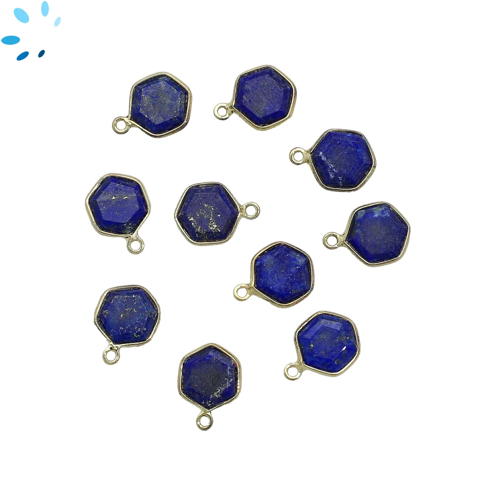 Lapis Hexagon Bezel Pendant Charm 9mm - 18k Gold Plated Sterling Silver - Set of 4