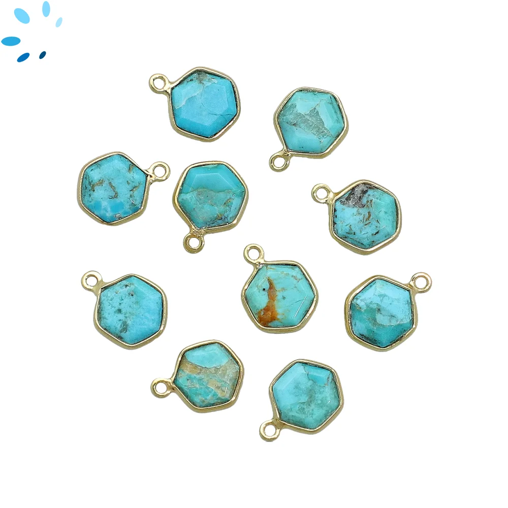 Turquoise Hexagon Bezel Pendant Charm 9mm - 18k Gold Plated Sterling Silver - Set of 4