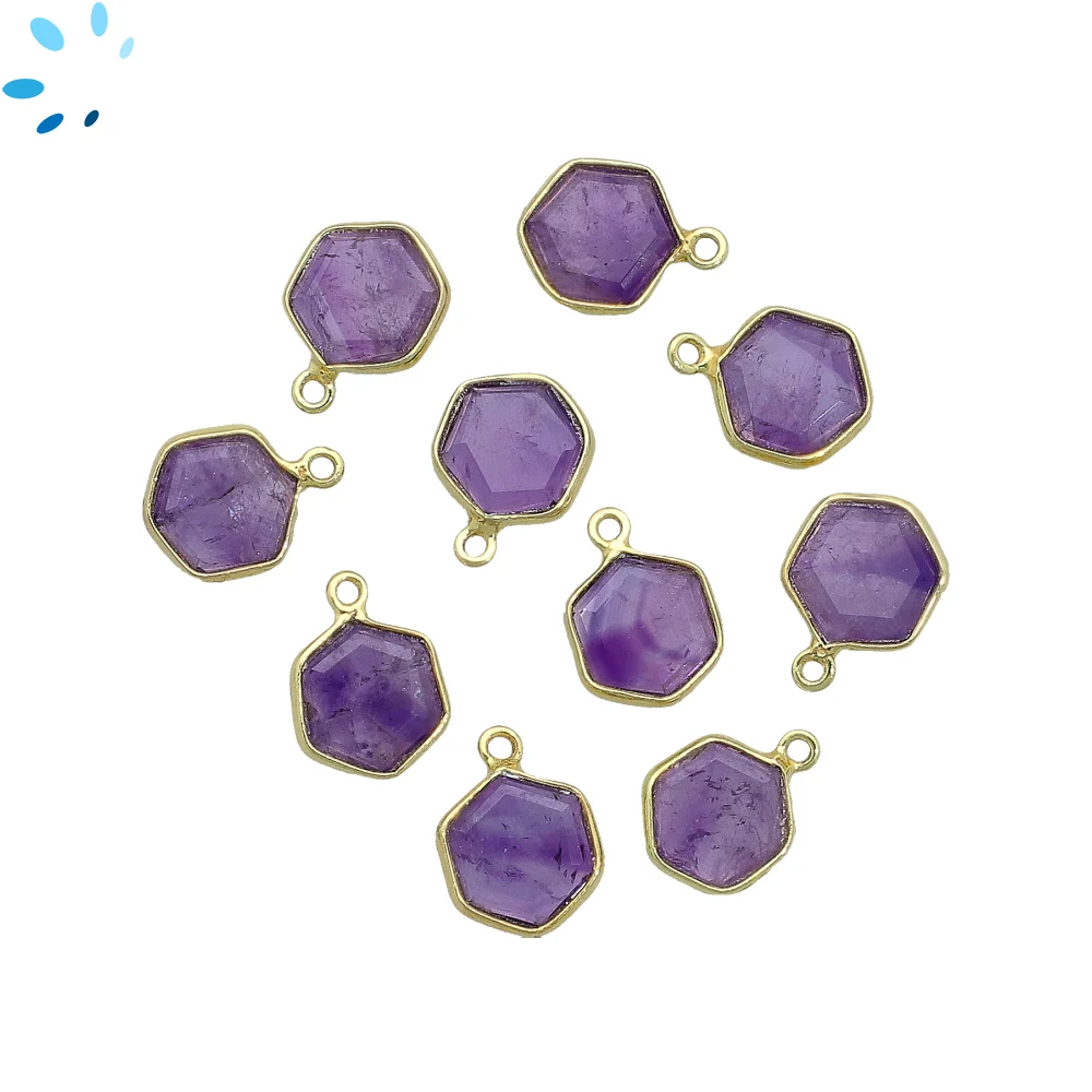 Amethyst Hexagon Bezel Charm Pendant 9mm - 18k Gold Plated Sterling Silver - Set of 4
