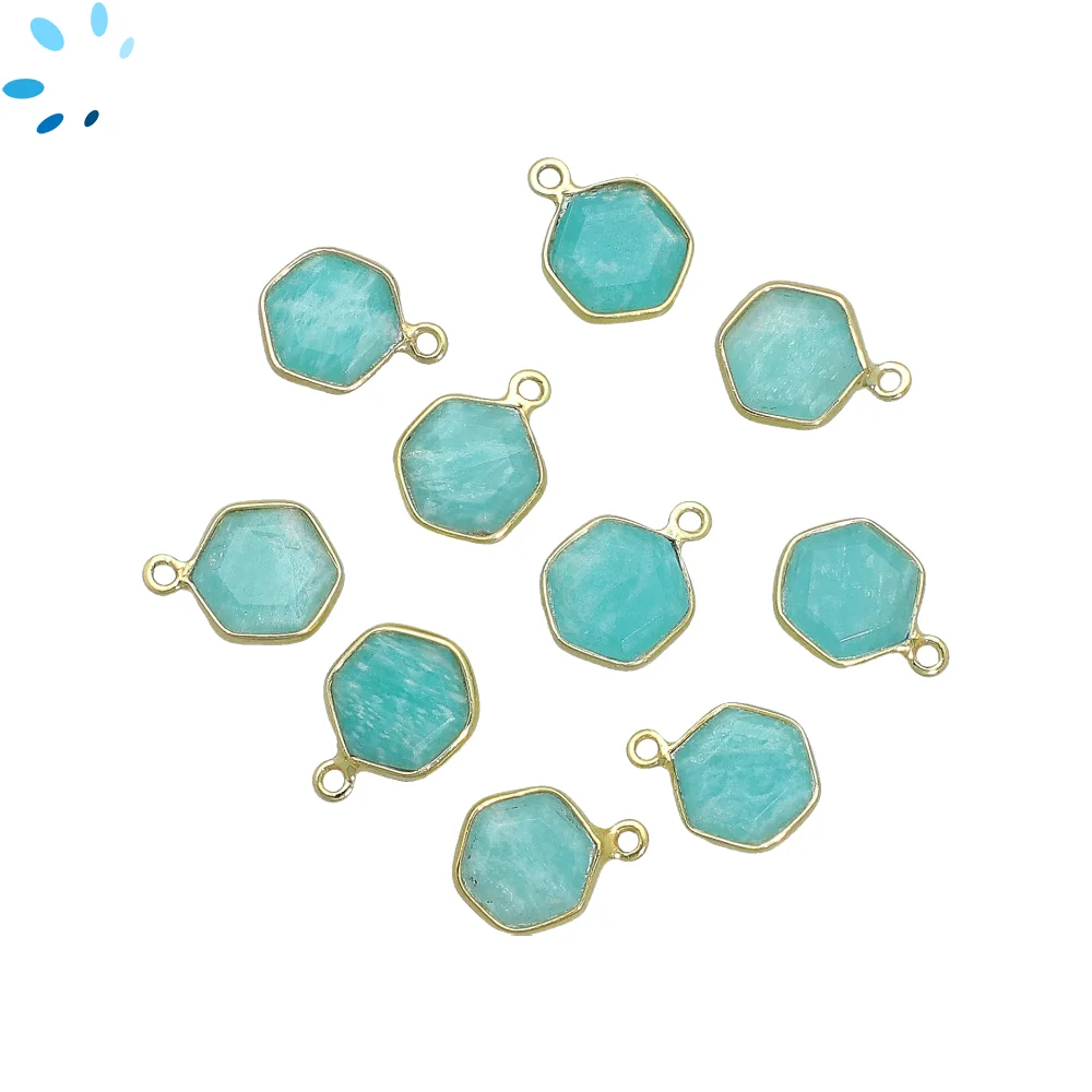 Amazonite Hexagon Bezel Pendant Charm 9mm - 18k Gold Plated Sterling Silver - Set of 4