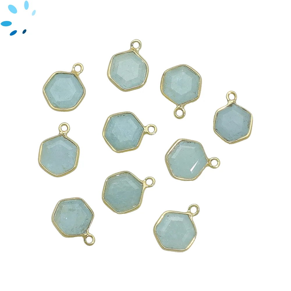 Aquamarine Hexagon Bezel Pendant Charm 9mm - 18k Gold Plated Sterling Silver - Set of 4