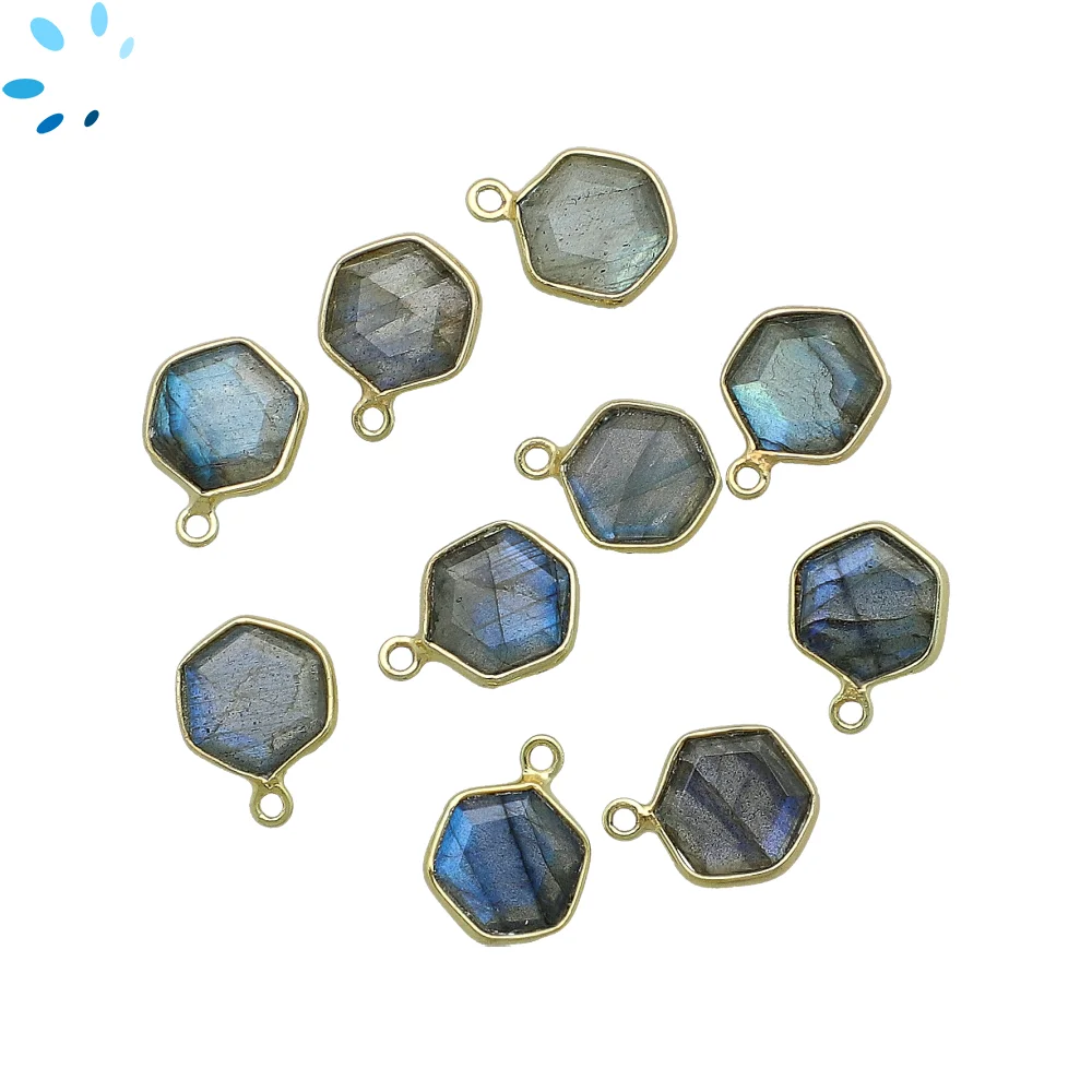 Labradorite Hexagon Bezel Charm Pendant 9mm - 18k Gold Plated Sterling Silver - Set of 4