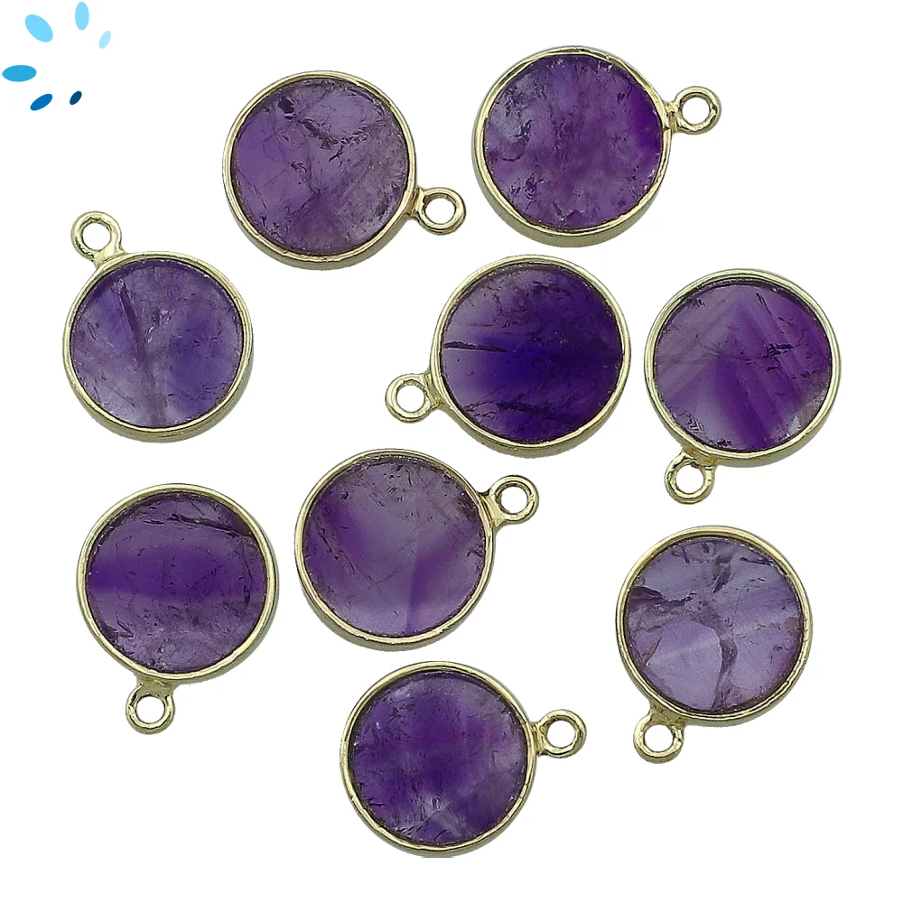 Amethyst Coin Bezel Charm Pendant 12mm - 18k Gold Plated Sterling Silver - Set of 4