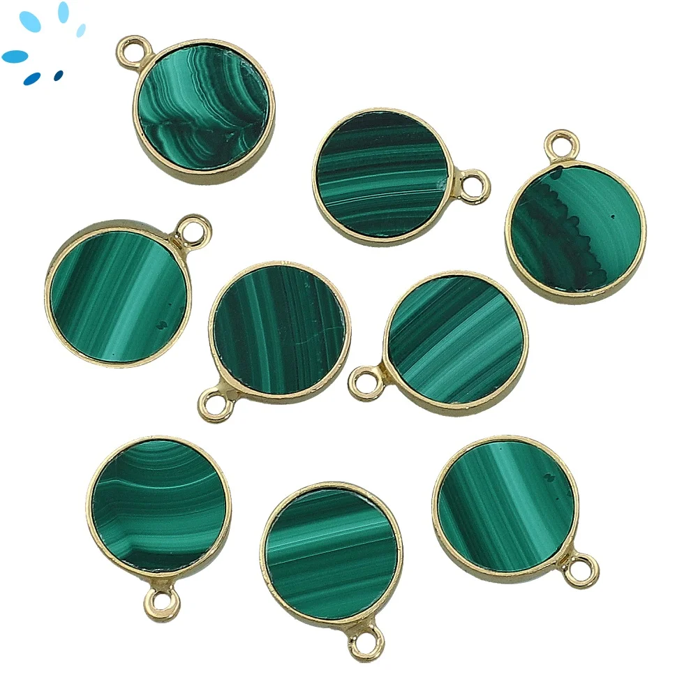 Malachite Coin Bezel Pendant Charm 12mm - 18k Gold Plated Sterling Silver - Set of 4