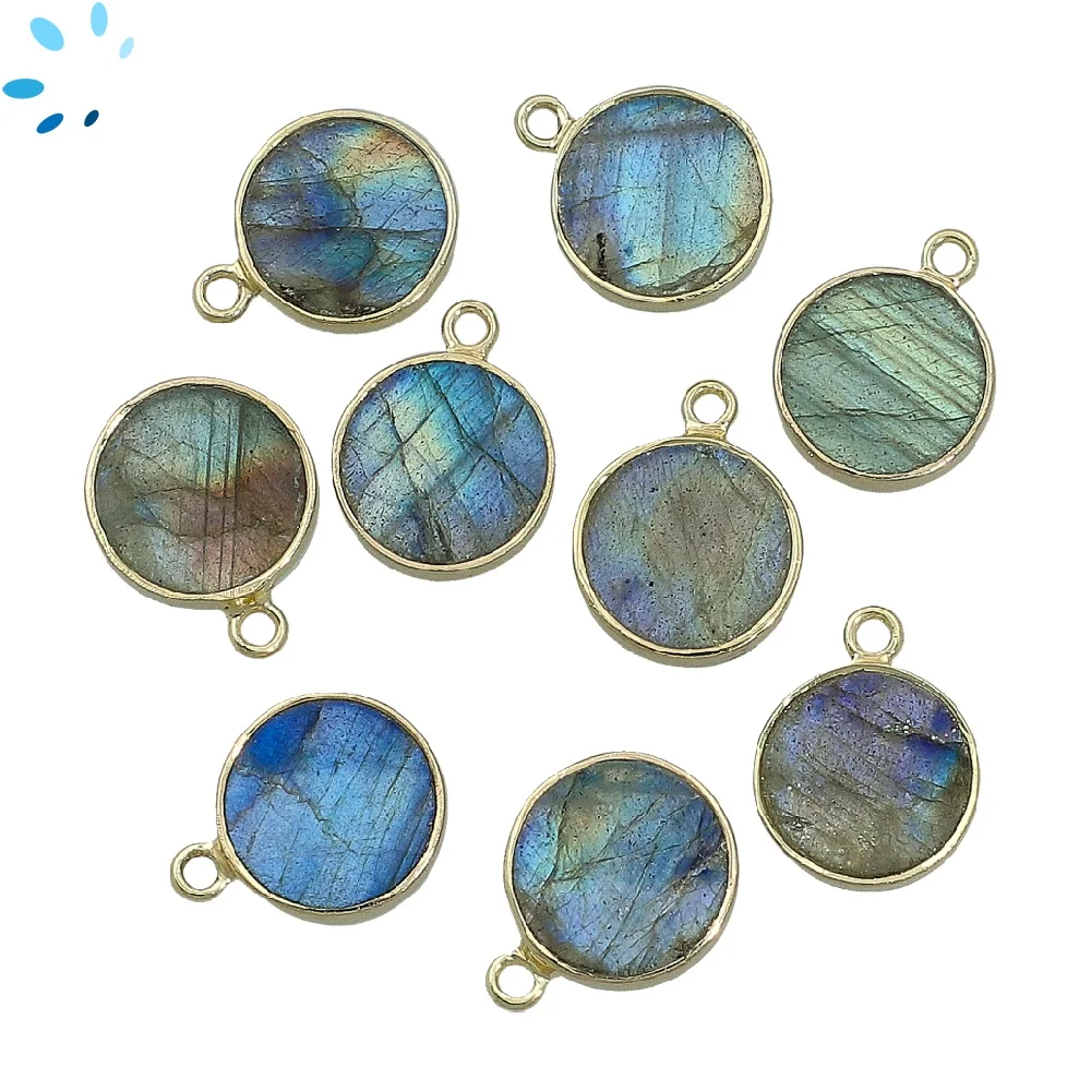 Labradorite Coin Bezel Charm Pendant 12mm - 18k Gold Plated Sterling Silver - Set of 4