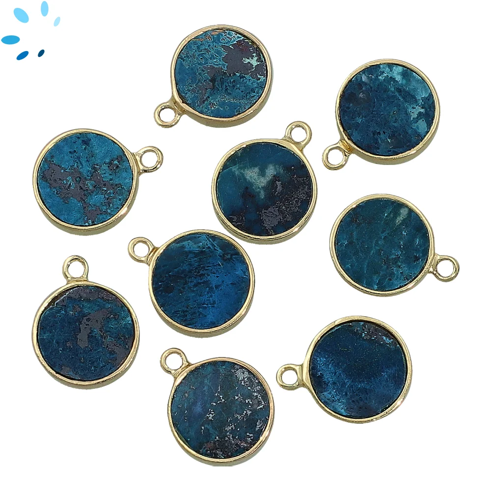 Chrysocolla Coin Bezel Pendant Charm 12mm - 18k Gold Plated Sterling Silver - Set of 4