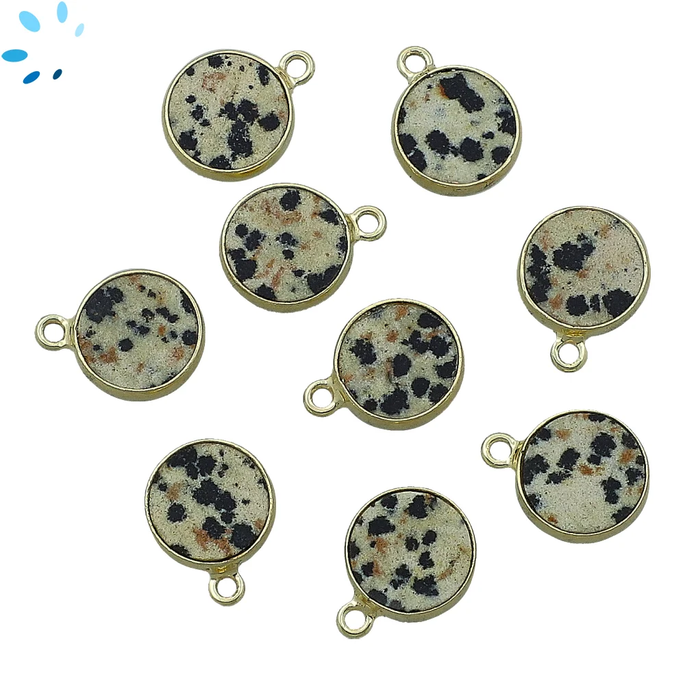 Dalmatian Jasper Coin Bezel Charm Pendant 12mm - 18k Gold Plated Sterling Silver - Set of 4