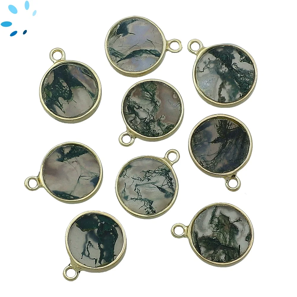 Moss Agate Coin Bezel Pendant Charm 12mm - 18k Gold Plated Sterling Silver - Set of 4