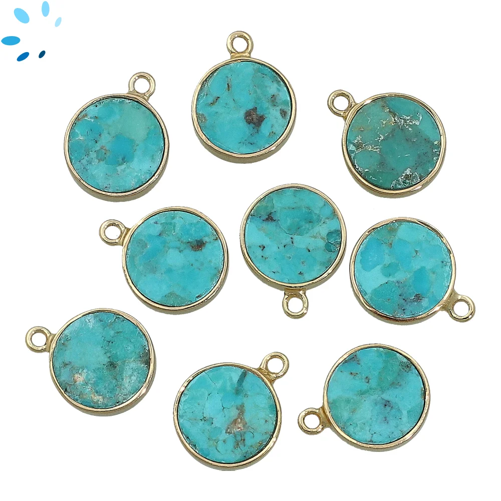 Turquoise Coin Bezel Charm Pendant 12mm - 18k Gold Plated Sterling Silver - Set of 4
