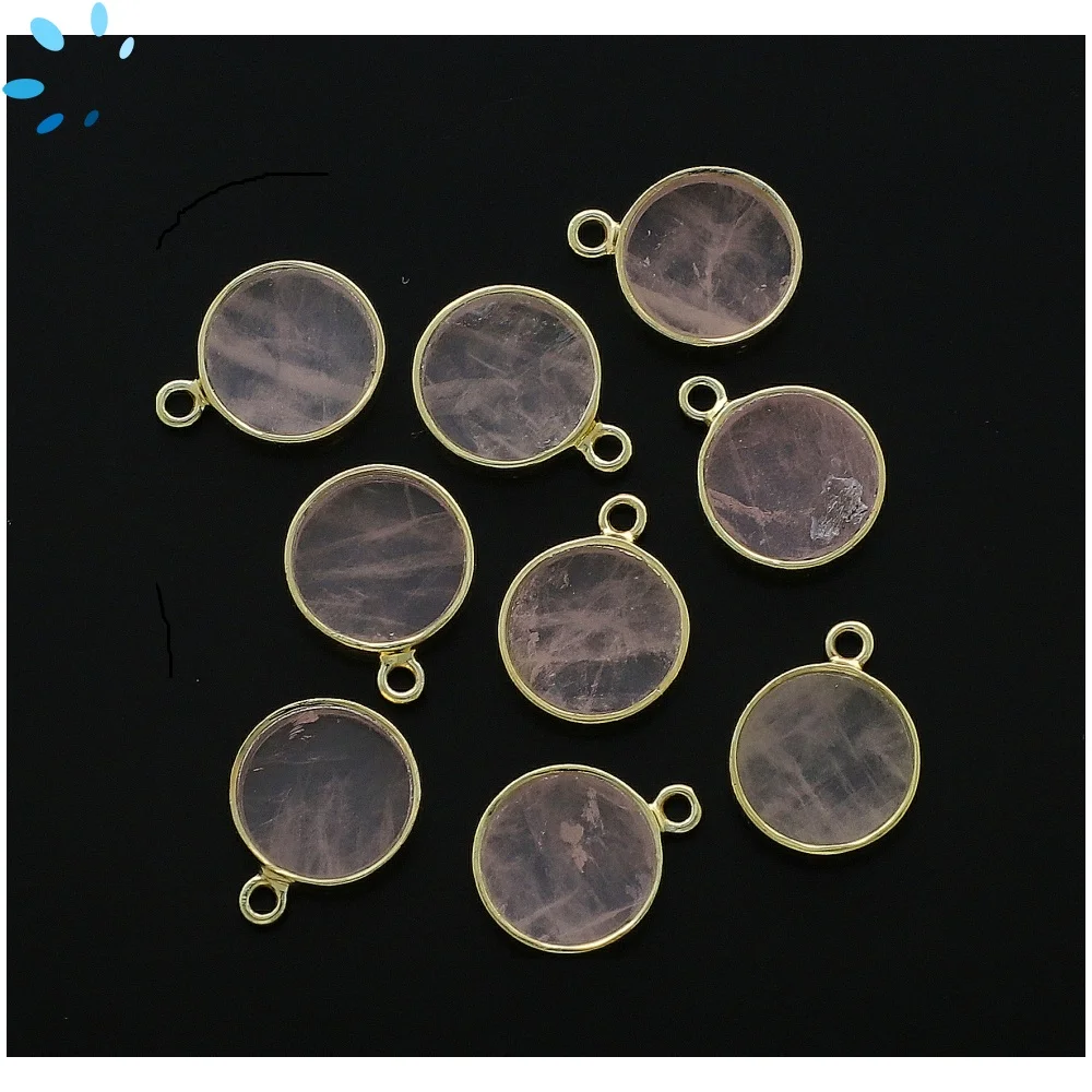 Rose Quartz Coin Bezel Charm Pendant 12mm - 18k Gold Plated Sterling Silver - Set of 4
