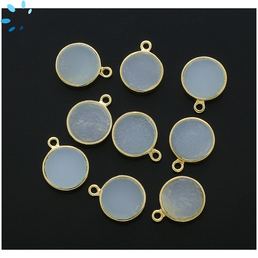White Chalcedony Coin Bezel Pendant Charm 12mm - 18k Gold Plated Sterling Silver - Set of 4