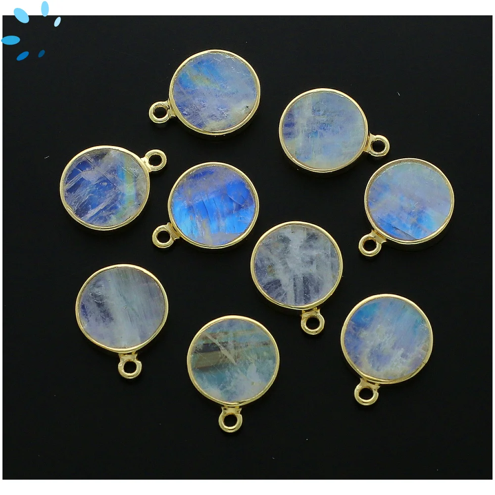 Rainbow Moonstone Coin Bezel Charm Pendant 12mm - 18k Gold Plated Sterling Silver - Set of 4
