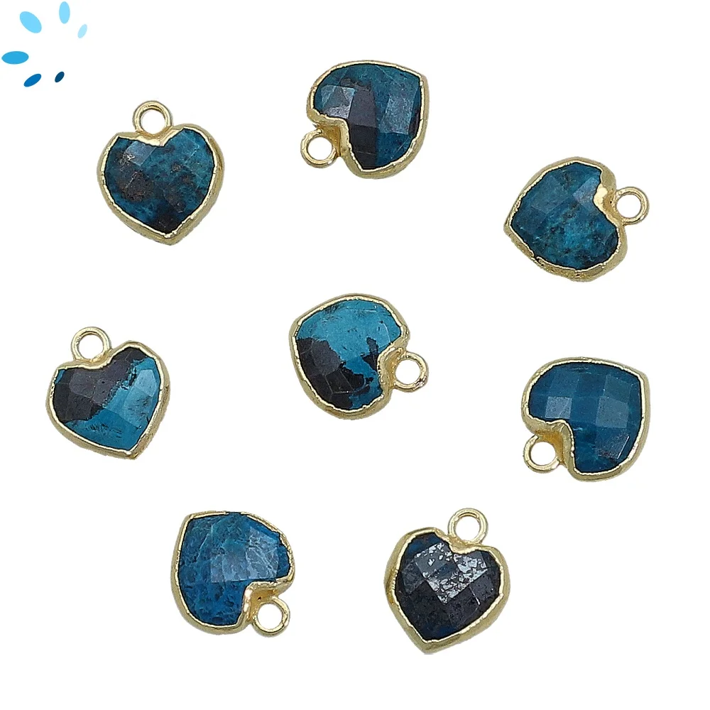 Chrysocolla Heart Charm Pendant 9mm 18k Gold Electroplated - Set of 4