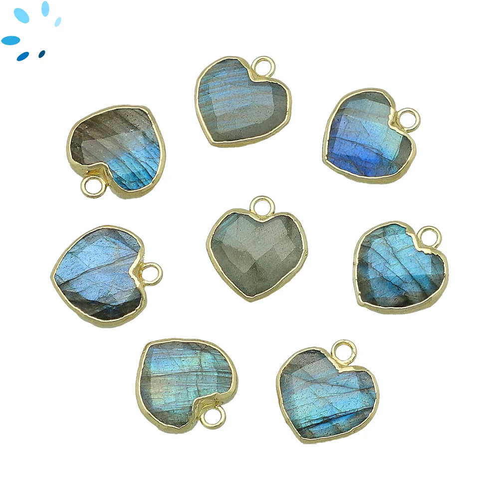 Labradorite Heart Pendant Charm 12mm 18k Gold Electroplated - Set of 4