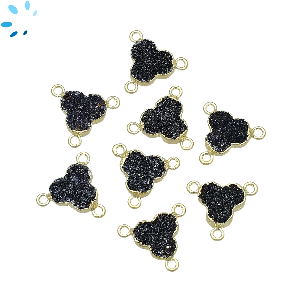 Black Druzy Trefoil Connector 10mm 18k Gold Electroplated - Set of 4