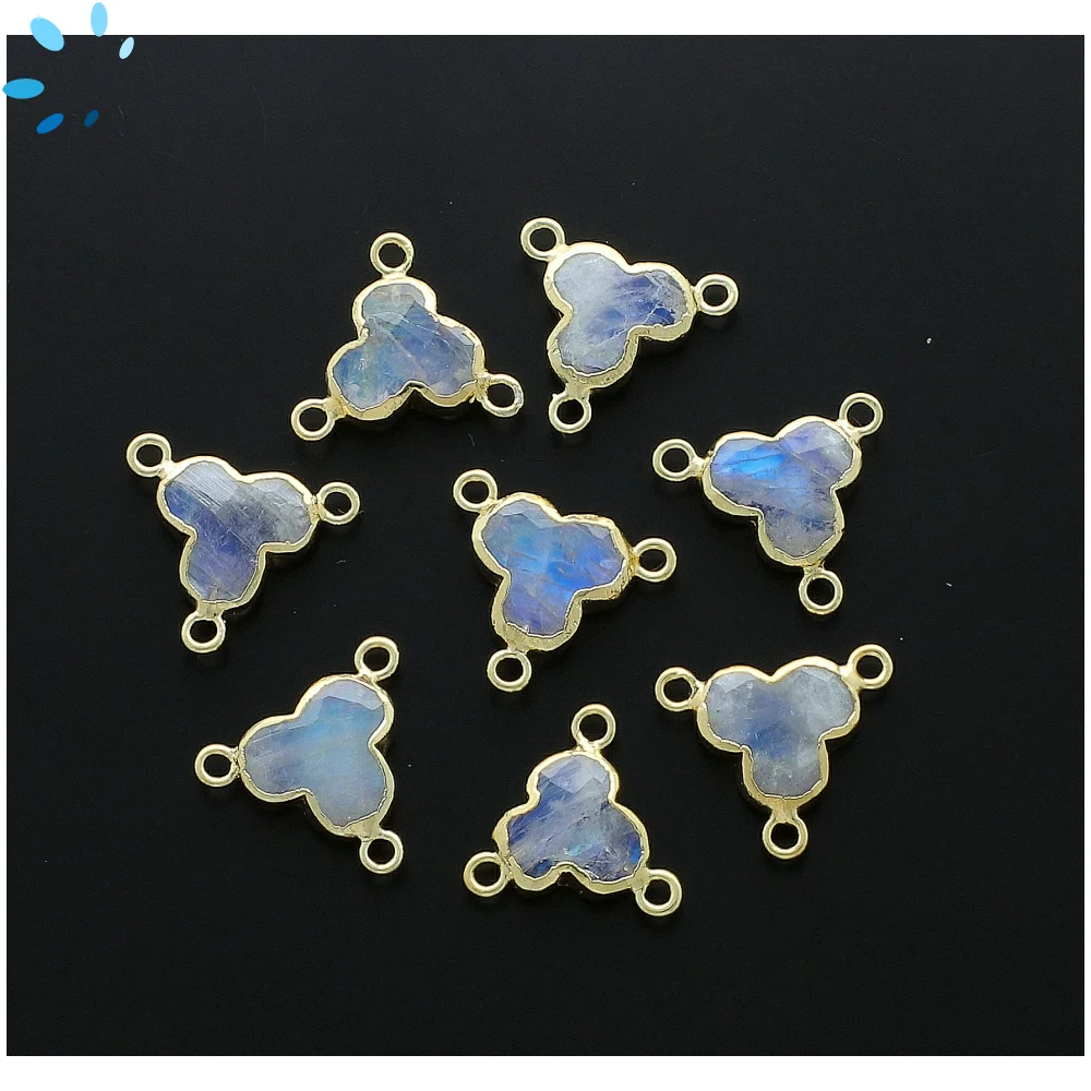 Rainbow Moonstone Trefoil Connector 10mm 18k Gold Electroplated - Set of 4