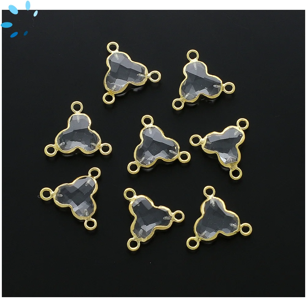 Crystal Quartz Trefoil Connector 10mm 18k Gold Electroplated - Set of 4