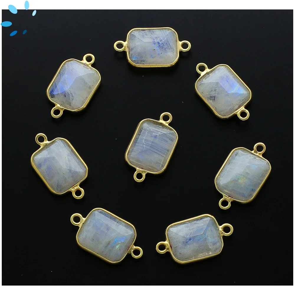 Rainbow Moonstone Rectangle Bezel Connector 14x10mm - 18k Gold Plated Sterling Silver - Set of 4