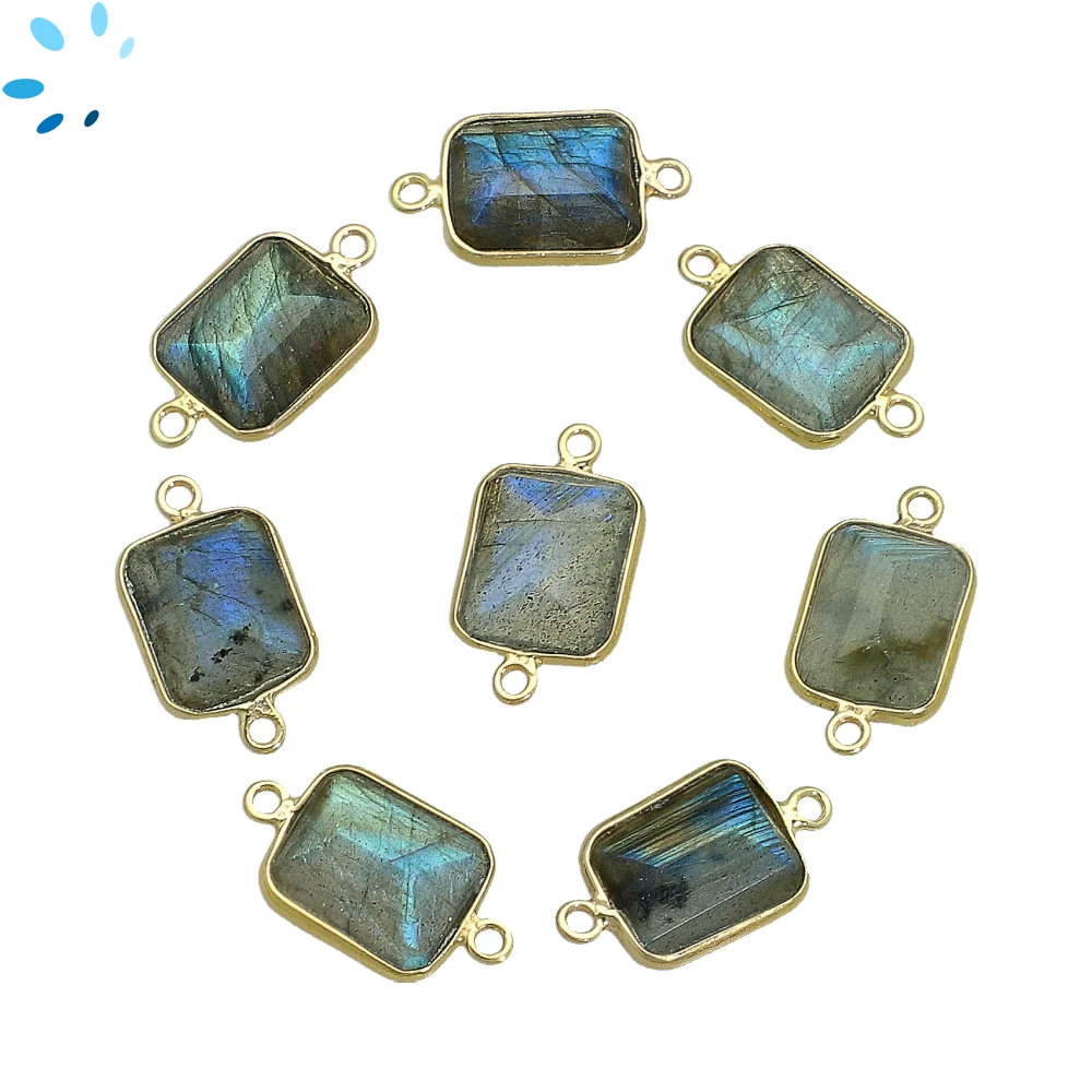 Labradorite Rectangle Bezel Connector 14x10mm - 18k Gold Plated Sterling Silver - Set of 4