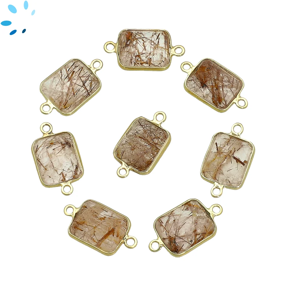 Copper Quartz Rectangle Bezel Connector 14x10mm - 18k Gold Plated Sterling Silver - Set of 4