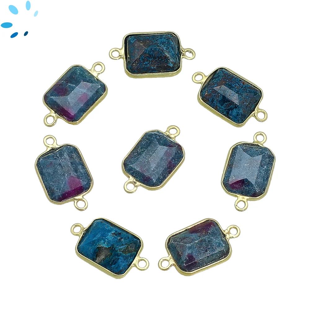 Ruby Zoisite Rectangle Bezel Connector 14x10mm - 18k Gold Plated Sterling Silver - Set of 4