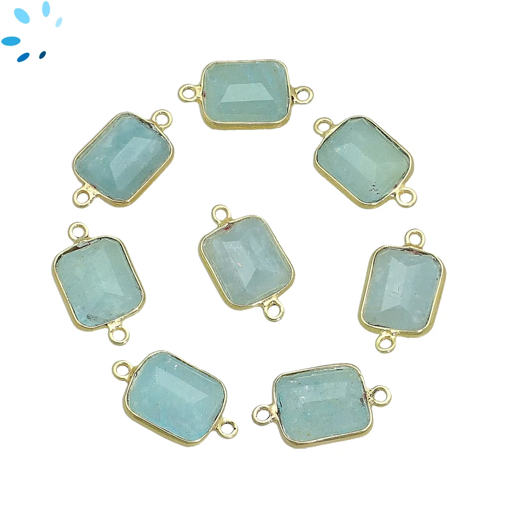 Aquamarine Rectangle Bezel Connector 14x10mm - 18k Gold Plated Sterling Silver - Set of 4