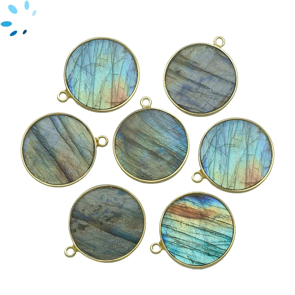 Labradorite Coin Bezel Pendant Charm 19mm - 18k Gold Plated Sterling Silver - Set of 2