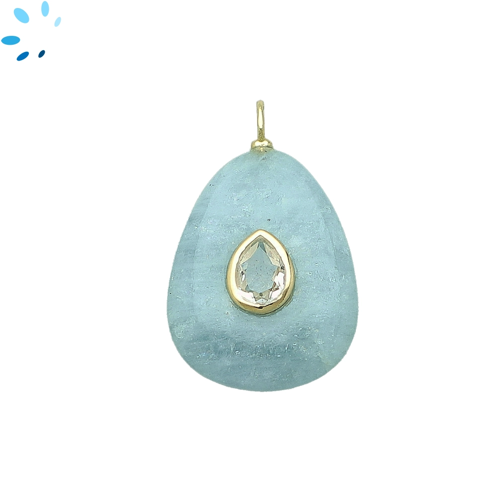 Aquamarine & White Topaz Pear Inlay Charm Pendant 27x20mm - 18k Gold Plated Sterling Silver