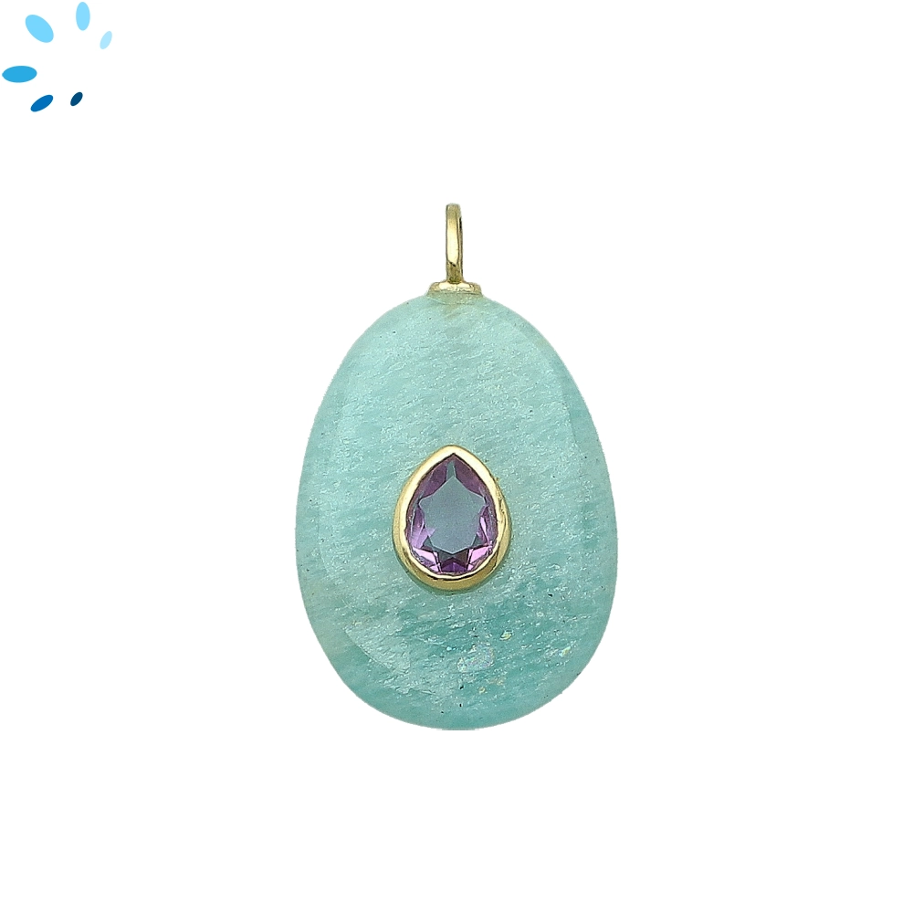 Amazonite & Amethyst Pear Inlay Pendant Charm 27x20mm - 18k Gold Plated Sterling Silver