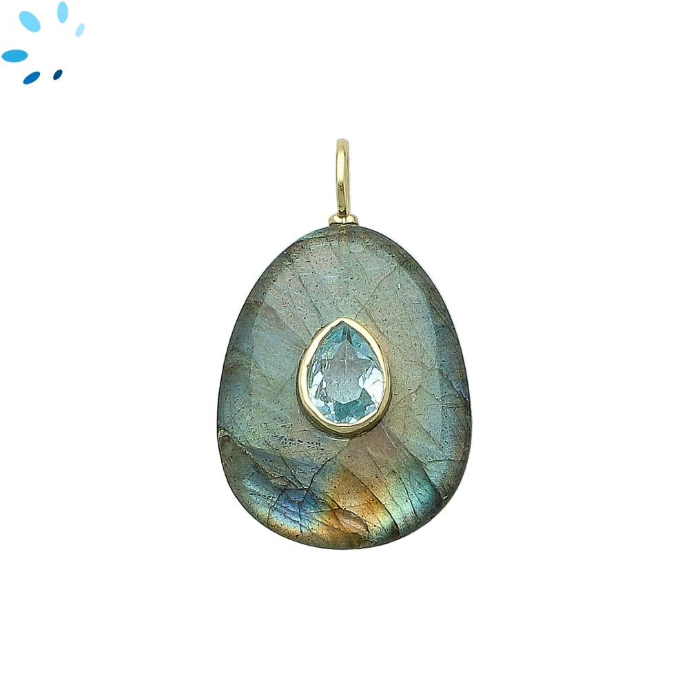 Labradorite & Blue Topaz Pear Inlay Charm Pendant 27x20mm - 18k Gold Plated Sterling Silver