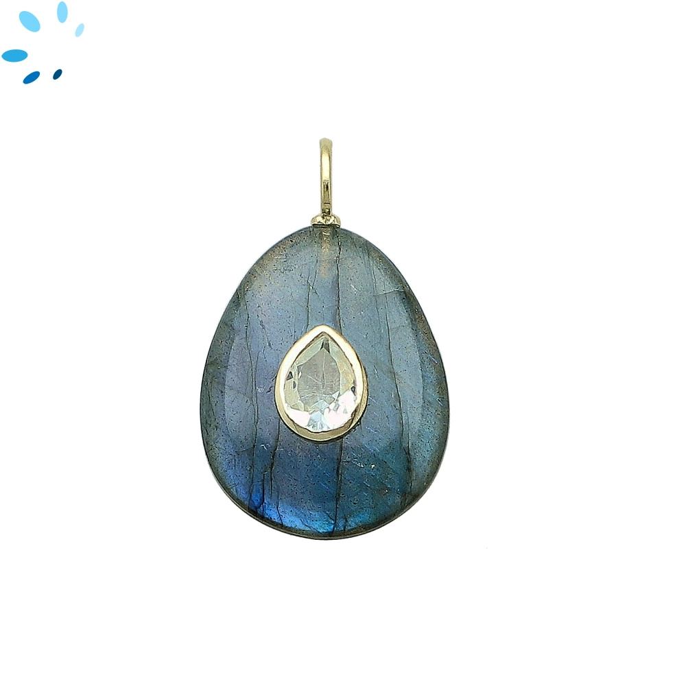 Labradorite & White Topaz Pear Inlay Pendant Charm 27x20mm - 18k Gold Plated Sterling Silver