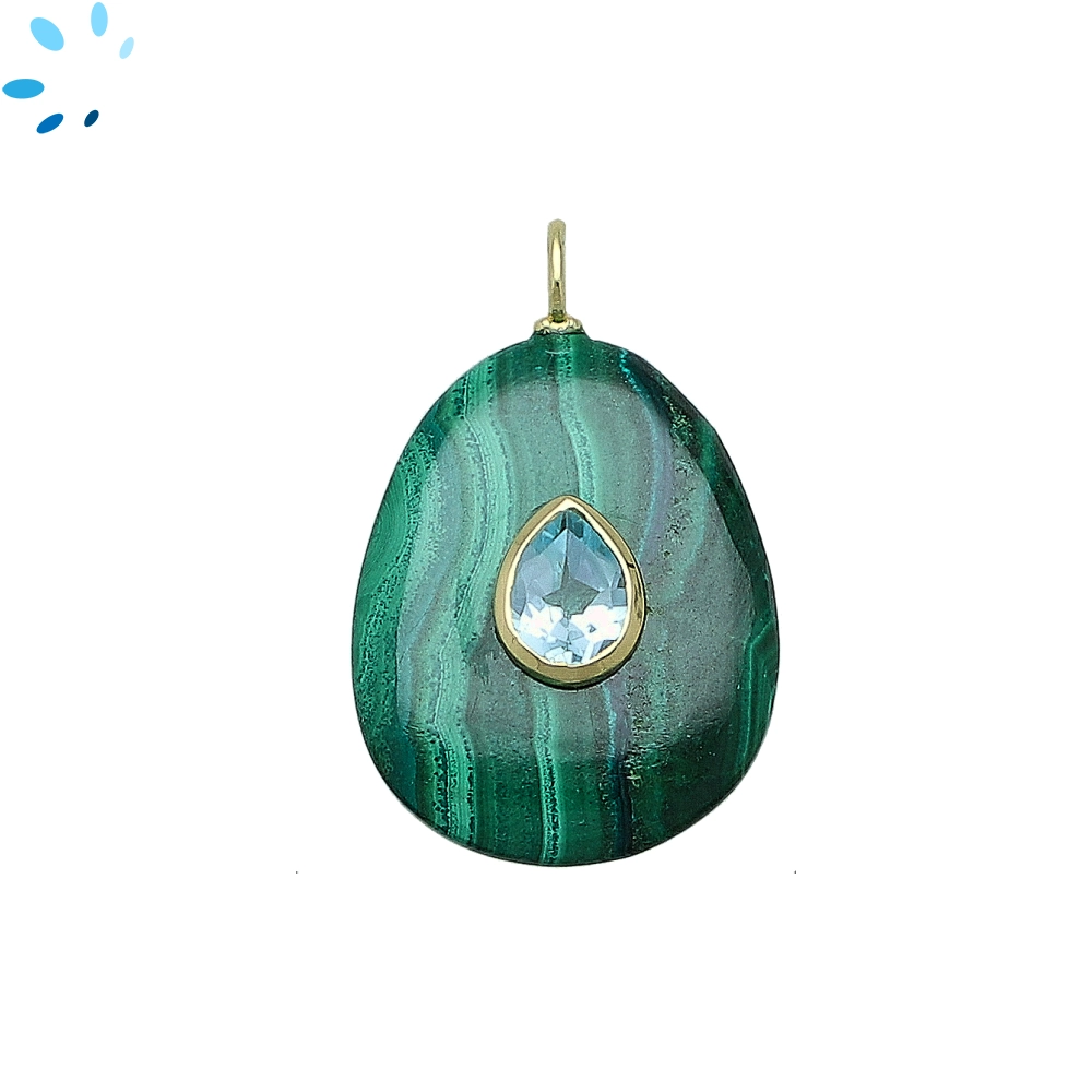 Malachite & Blue Topaz Pear Inlay Charm Pendant 27x20mm - 18k Gold Plated Sterling Silver