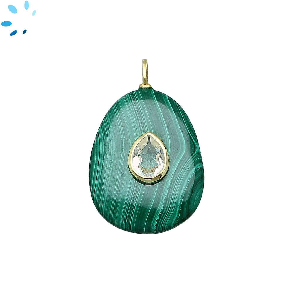 Malachite & White Topaz Pear Inlay Pendant Charm 27x20mm - 18k Gold Plated Sterling Silver